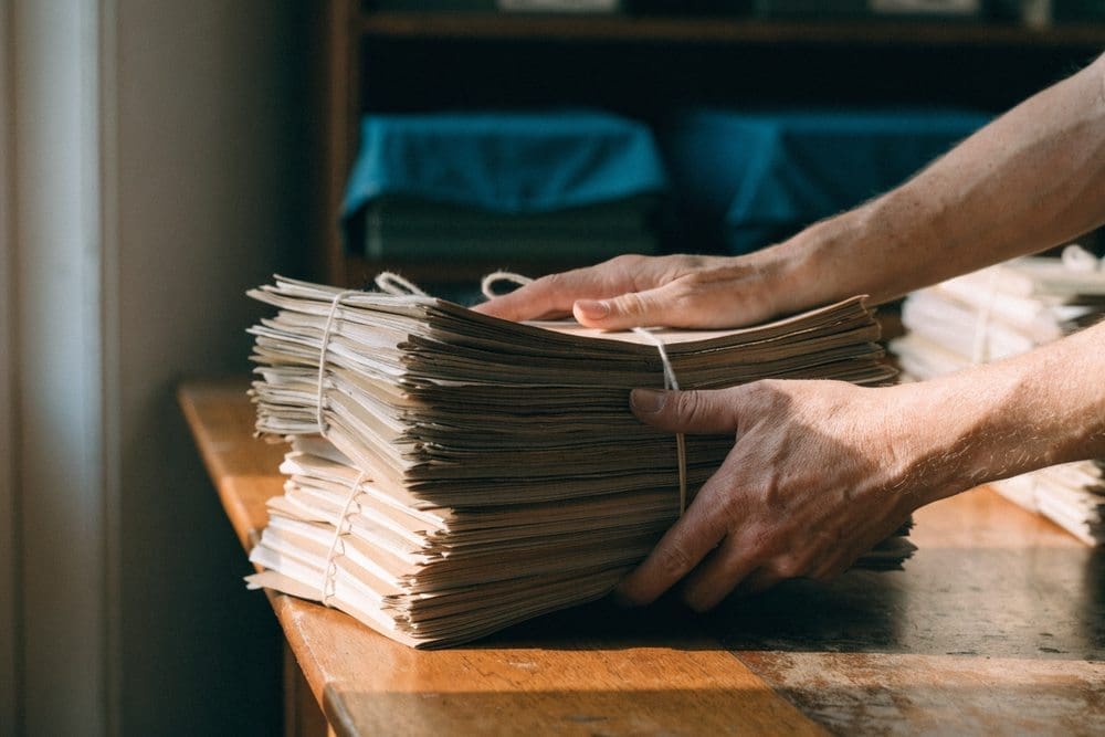 Mãos apoiadas sobre um maço de autos amarrados com barbante, em uma mesa de madeira de escritório com luz natural