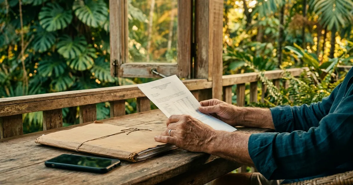 Mãos de um aposentado conferindo uma folha com a lista de precatórios sobre a mesa de uma varanda de madeira, com mata tropical ao fundo, no acompanhamento do precatório do TJAM