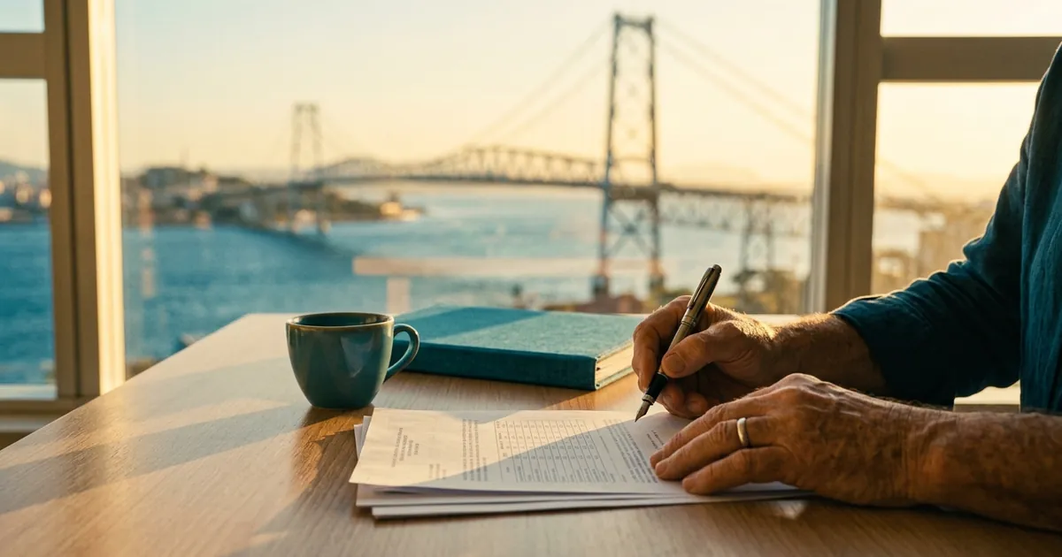 Mãos de um credor assinando documentos do precatório numa mesa clara, com o mar e a ponte de Florianópolis ao fundo, no acompanhamento do precatório do TJSC