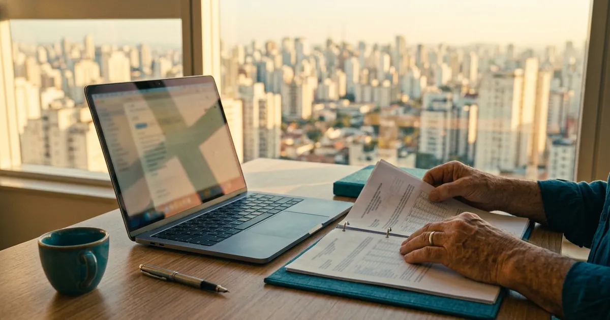 Mãos de uma credora folheando a pasta do precatório ao lado do notebook, com os prédios de São Paulo ao fundo, na consulta ao precatório do TJSP